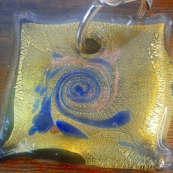 Italiano Murano Stamped Gold and Blue Swirl BlowGlass Pendant Reversable Design - Picture 1 of 4